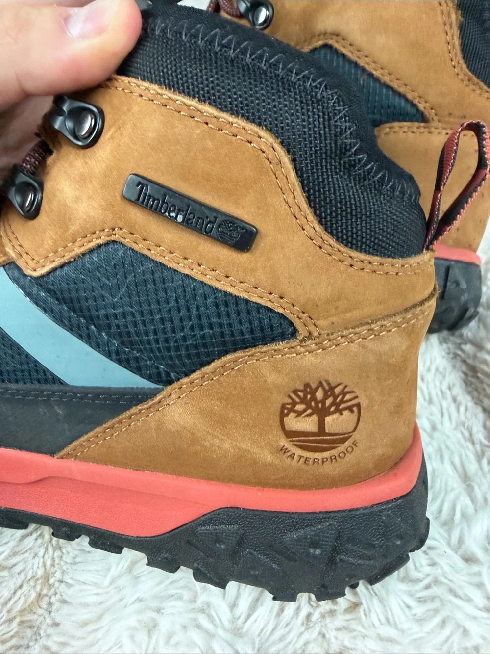 Timberland Kids Brown and Black Boots with Coral Midsole and Teal Accent